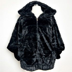 Jacket Coat Women's Black Faux Fur Hooded Plush Full Zip Satin Lined Size L/XL
